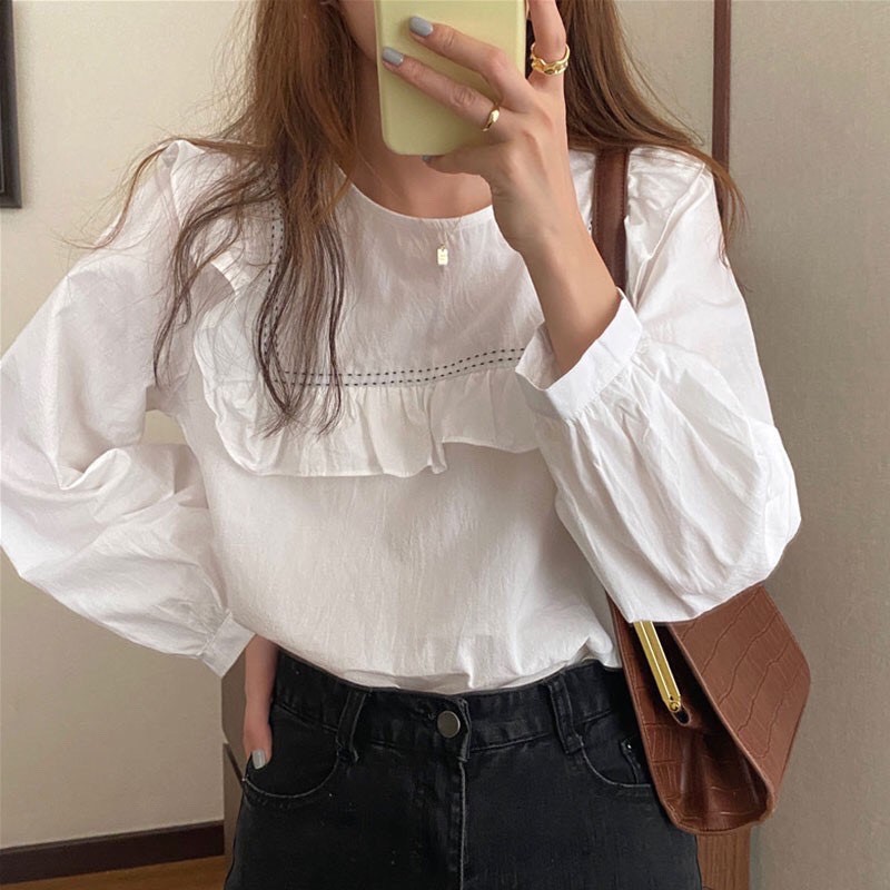 Áo sơ mi kiểu trắng nữ form rộng lụa tay phồng hàn quốc đẹp dài tay họa tiết không cổ ulzzang vintage truehastore SM10 | BigBuy360 - bigbuy360.vn