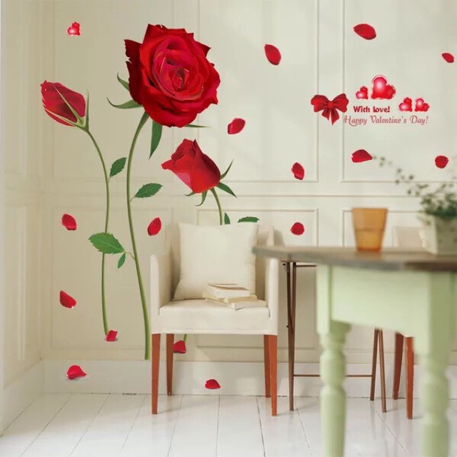 Decal trang trí tường - Bộ Cây Tình yêu và Hoa Hồng đỏ nụ( 2 tấm )