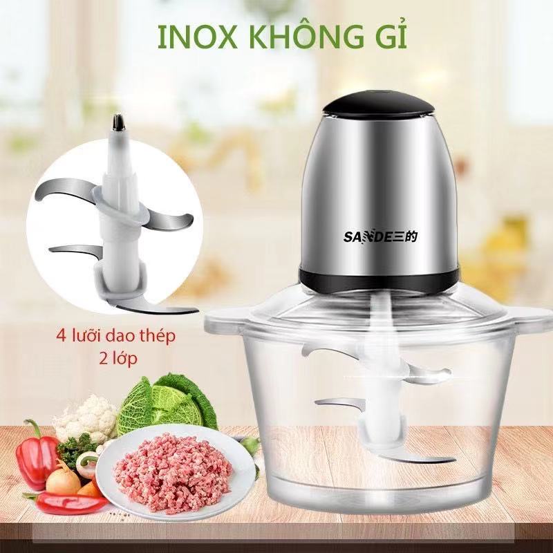 Máy Xay Thịt Đa Năng Sande 4 Lưỡi Dao Thép Không Dỉ, Xay Nhuyễn Thực Phẩm Dung Tích 2L