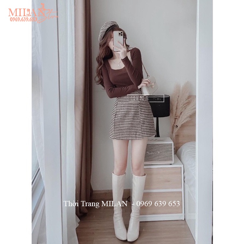 Chân váy dạ chữ A ngắn kẻ sọc đen trắng cạp cao có lót trong dáng chân váy caro ngắn lưng cao công sở đi biển học hẹn hò
