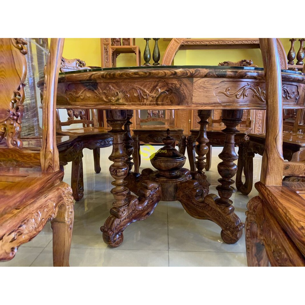 Bộ bàn ăn 8 ghế bàn tròn gỗ tự nhiên cao cấp sơn PU ta