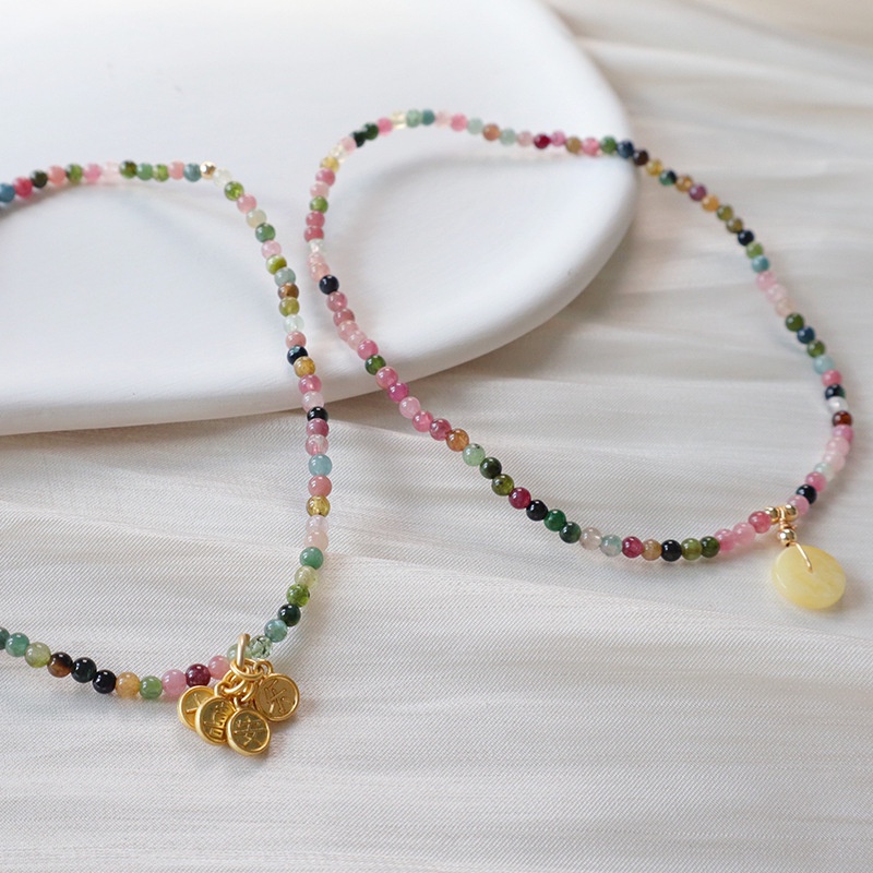 Lắc Chân Hạt Đá Tourmaline Nhỏ Nhắn Tươi Mới Với Hạt Sáp Ong Nhỏ Hoặc Phụ Kiện Hòa Bình