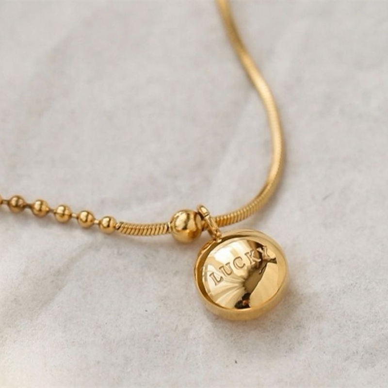 Lắc tay titan không gỉ, vòng tay titan mạ vàng 18k dạng bi tròn xinh xắn khắc chữ may mắn phong cách ins hàn quốc
