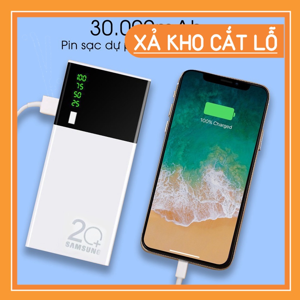 Sạc Dự Phòng 30000mAh Tích Hợp Sạc Nhanh Fast Charge Mặt Kính hiển thị pin. 2USB Có Đèn nhỏ gọn siêu tiện lợi |Than