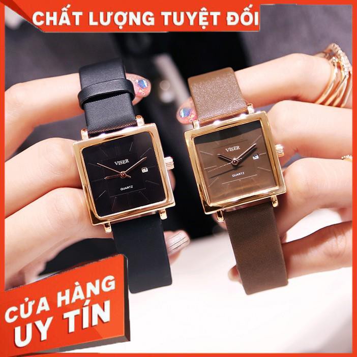 [SALE 50%] Đồng hồ thời trang nữ VISER dây da, có lịch ngày, mặt vuông tuyệt đẹp