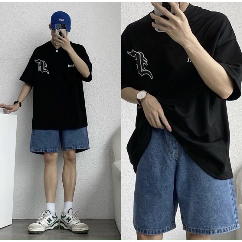 Quần short jean xanh ống rộng phong cách unisex