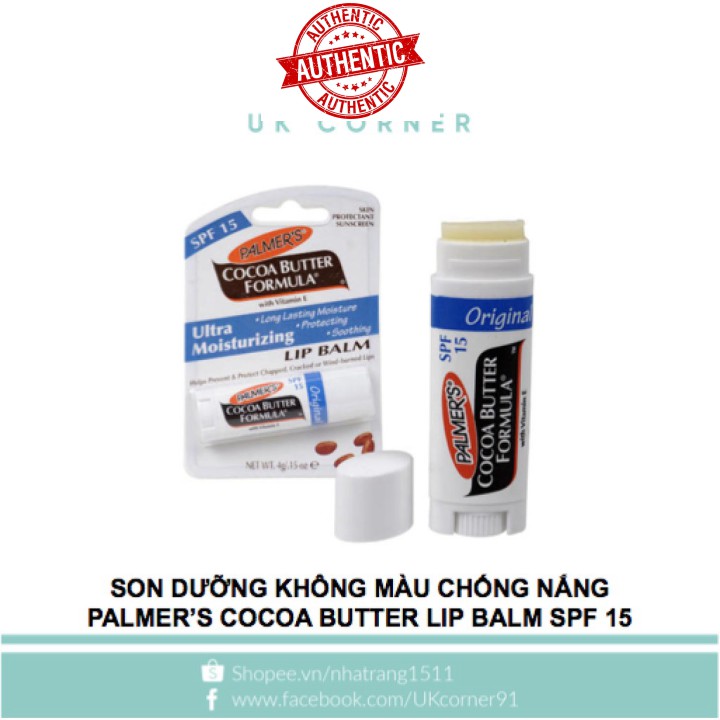 [Mã chiết khấu giảm giá khách sỉ mỹ phẩm chính hãng] Son dưỡng không màu chống nắng Palmer's Cocoa Butter Lip Balm SPF15