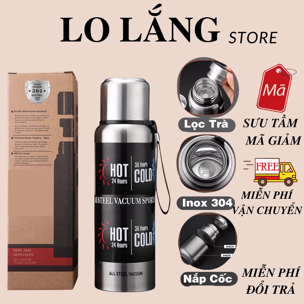 Bình giữ nhiệt inox 304 toàn thân 1500ml có nắp làm ly nước giữ nhiệt nóng lạnh cả ngày cao cấp