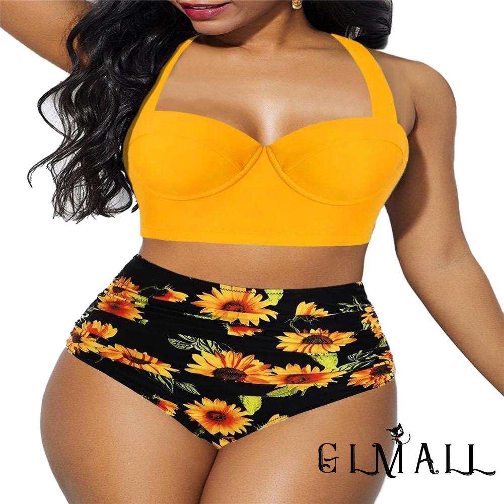 ➤GMLWomen´s Sexy Bikini Set Solid Color Padded Wire Halter Back Buckle Hollow High Waist Flower Print Swimming Bathing Suit | BigBuy360 - bigbuy360.vn