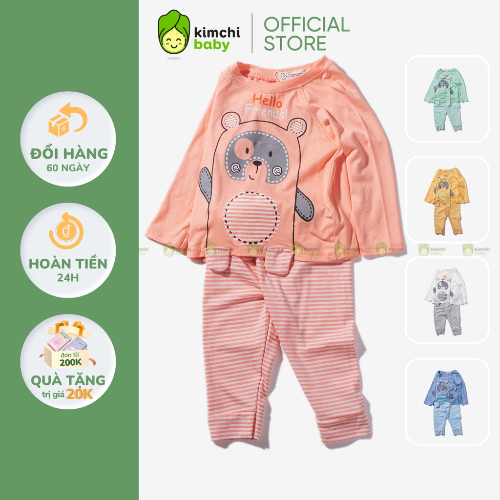 Bộ Dài Tay Bé Gái, Bé Trai KIMCHIBABY Vải Thun Lạnh Hoạ Tiết Gấu Kẻ, Bộ Quần Áo Trẻ Em Thu Đông KWTD2206
