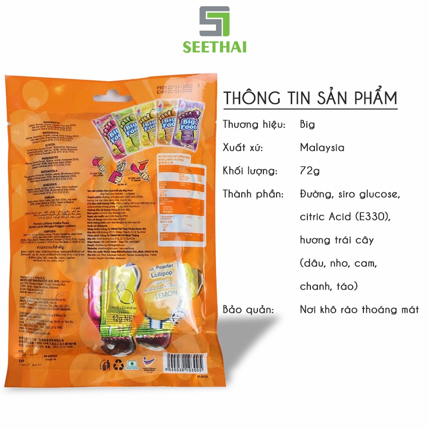 Kẹo mút bàn chân BIG FOOT Malaysia 72gr kẹo que trái cây phủ bột đường nhập khẩu - túi