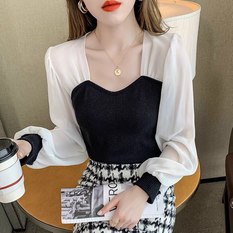 Áo Kiểu Thun Gân Tay Dài Phối Voan Có Mút