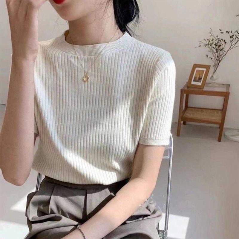 Áo Len Nữ Cộc tay cổ 2cm - 6 mầu Trắng Đỏ Đen Ghi Hồng Cam - Hanlly Fashion - AL4