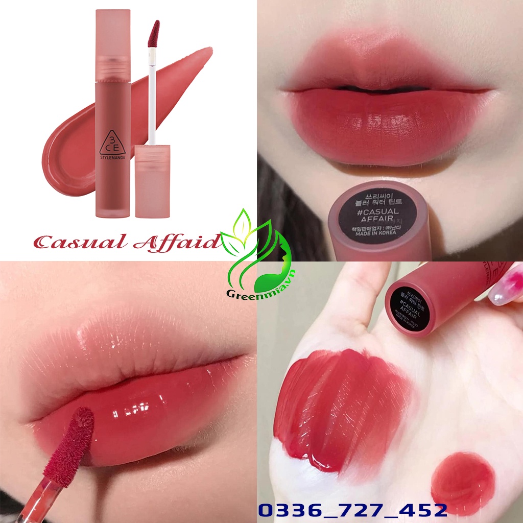 Son 3CE Blur Water Tint Casual Affair Son Kem Tint Lì Màu Hoa Hồng Khô