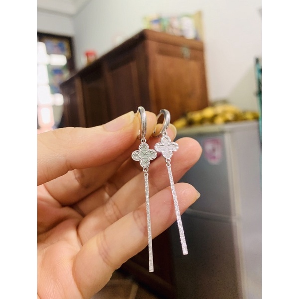 Khuyên tai cỏ 4 lá thả thanh bạc phủ vàng trắng siêu cao cấp