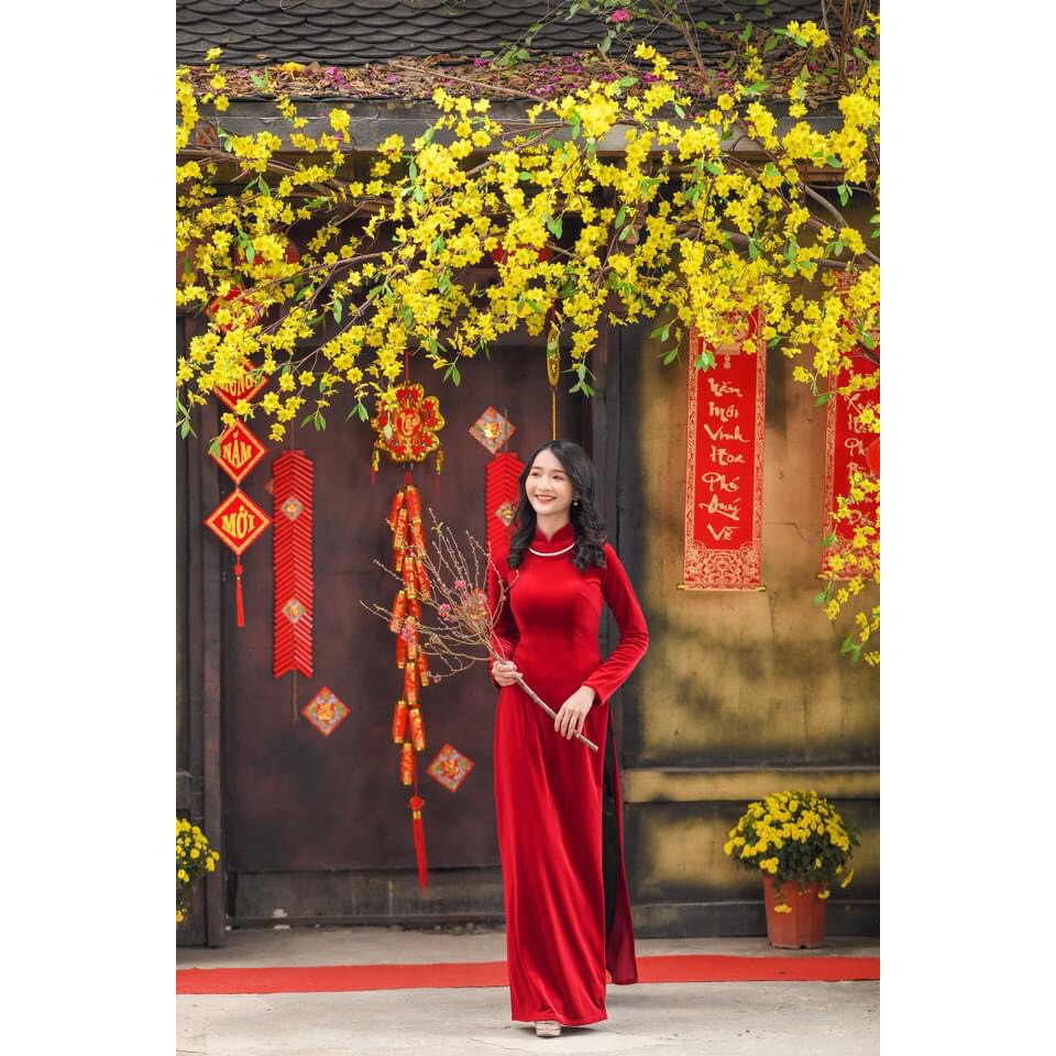 Áo Dài Nhung - Màu Đỏ Rượu - Chất Liệu Nhung Cao Cấp - Hỗ Trợ 1 Đổi 1 - Hàng Đủ Size