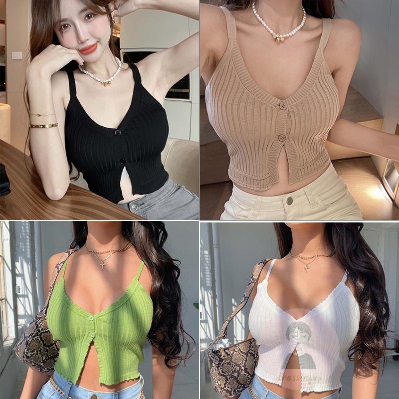 Áo Dệt Kim Hai Dây Cổ Chữ V Cài Nút Thời Trang Mùa Hè Cho Nữ