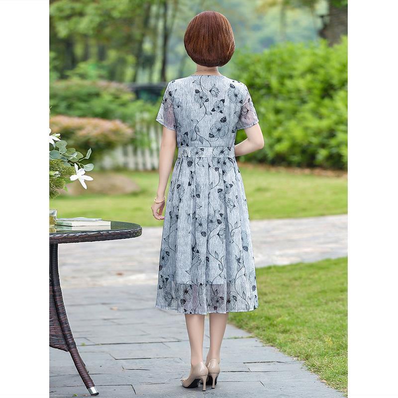 ﺴ▲Mẹ trung niên váy ngắn tay mùa hè voan cho bà 50 tuổi dài qua gối phụ nữ và cao