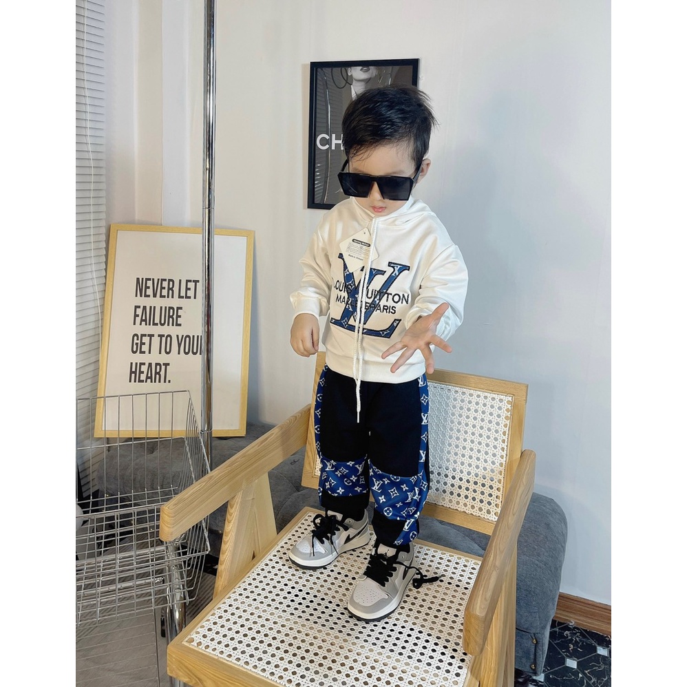 Quần áo thu đông bé trai, Sét bộ da cá áo Hoodie phối LVT sành điệu cho bé 8-30kg