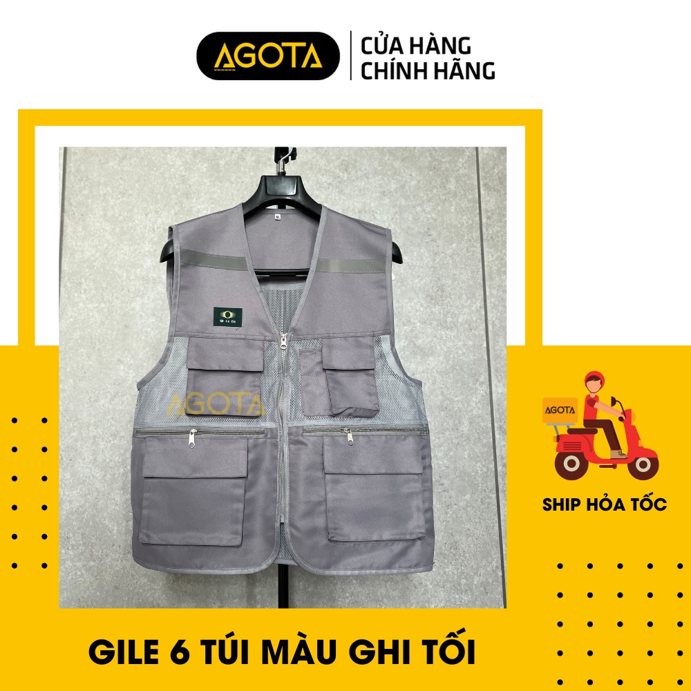 Áo gile bảo hộ 6 túi hộp vải kaki poly phối lưới màu ghi tối - AGOTA