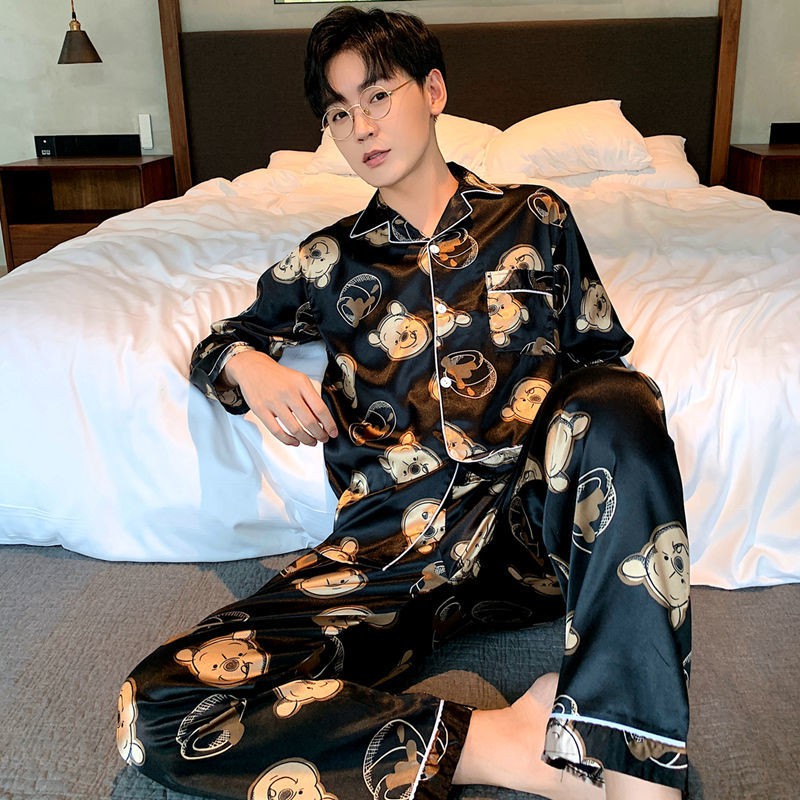 đồ ngủ pyjama nam Spring and Autumn ice silk phần dài tay mỏng cộng với chất béo và size in dễ thương hoạt hình m