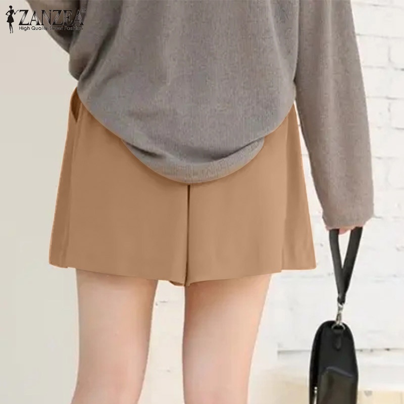 Quần ngắn ZANZEA ống rộng lưng thun màu trơn phối khóa kéo thời trang cho nữ