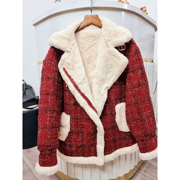 Áo khoác dạ tweed lót lông 2hand