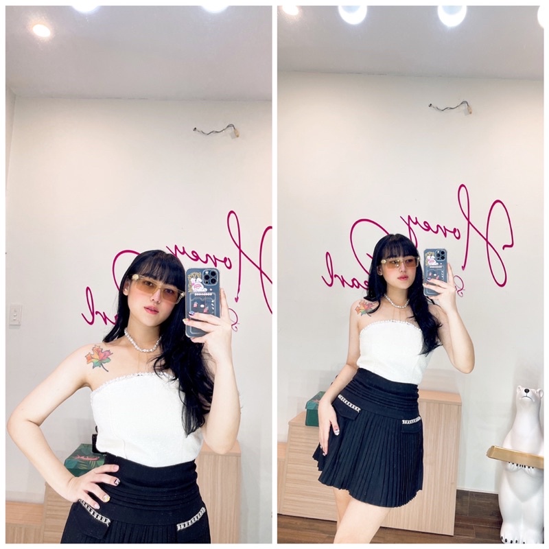SET ĐỒ ĐI CHƠI SANG CHẢNH - ÁO TWEED CROPTOP KÈM DÂY CHOKER CỔ PHỐI CHÂN VÁY ĐEN ĐÍNH ĐÁ