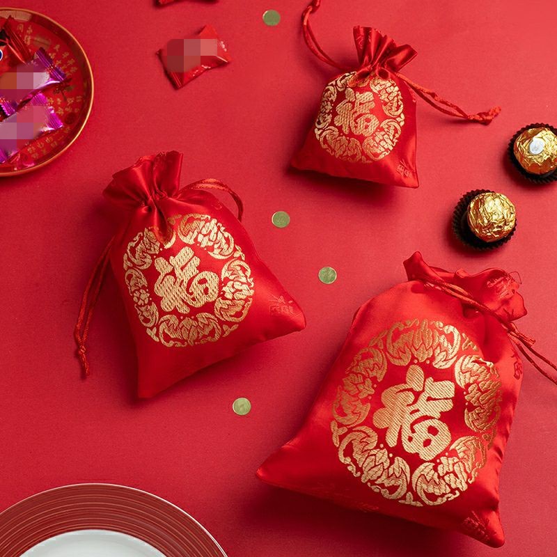 Túi thơm dây rút may mắn có thêu họa tiết năm mới Trung Hoa với 3 kích cỡ