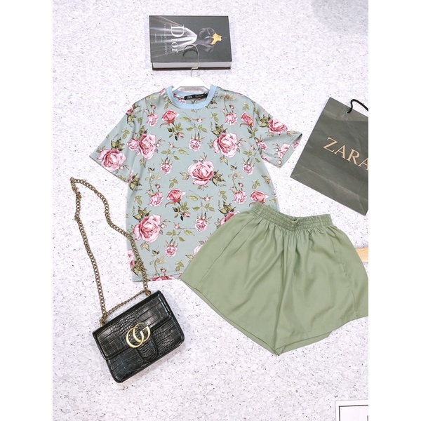 set áo hoa lụa kèm quần short màu xanh cho nữ