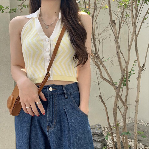 QADCOL Áo dệt kim QADCOL sát nách dáng ngắn cổ lật chữ V kẻ sọc gợi cảm