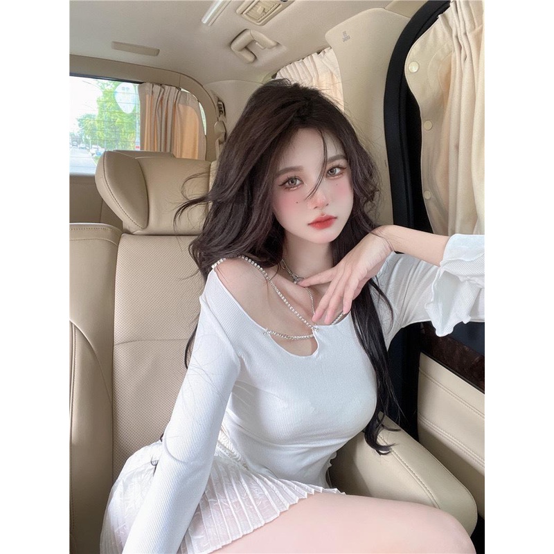 Áo Kiểu Nữ Tay Dài PINKSTORE29, Dáng Ôm Body Cổ Phối Dây Xích A5408
