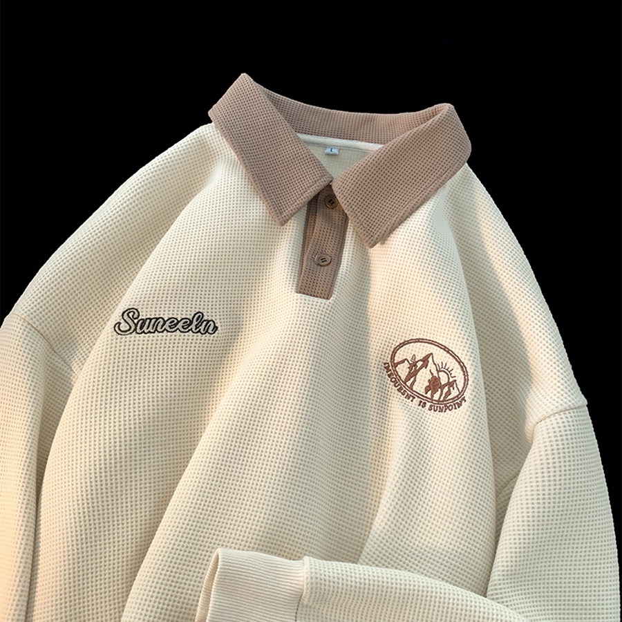 Áo sweater polo unisex - Myndi Clothes - Áo dáng rộng cổ bẻ tay dài chất vải Cotton tổ ong phong cách Ulzzang 2 màu
