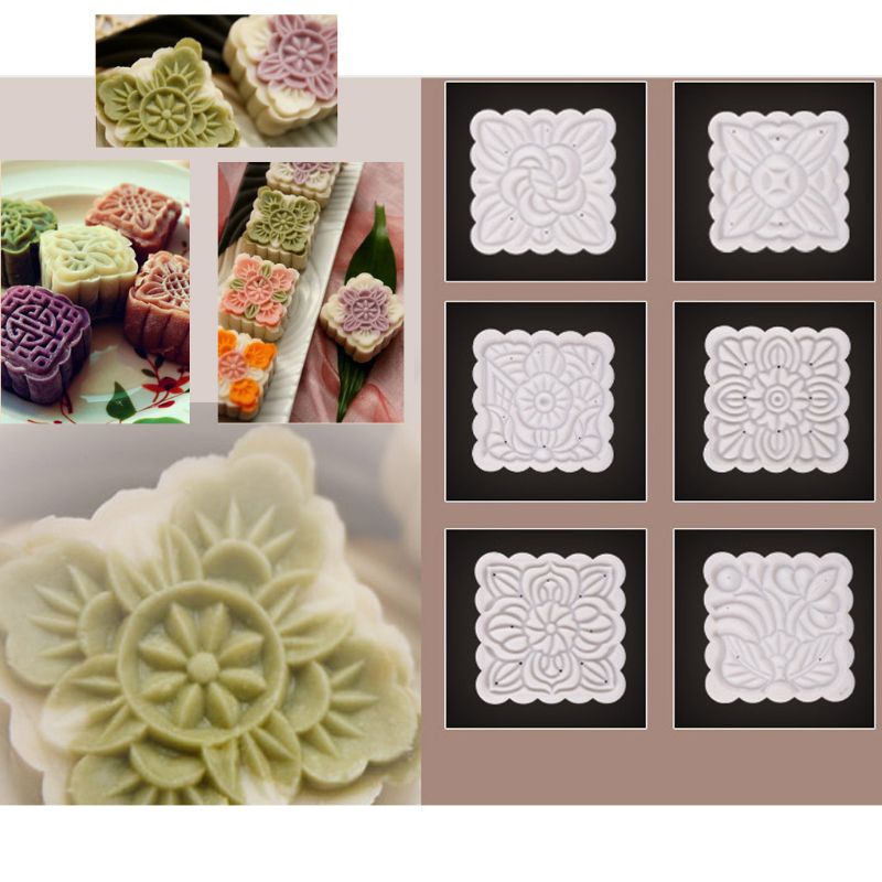 Khuôn Làm Bánh Trung Thu Hình Hoa Vuông Kèm 6 Khuôn Đóng Dấu 250g DIY