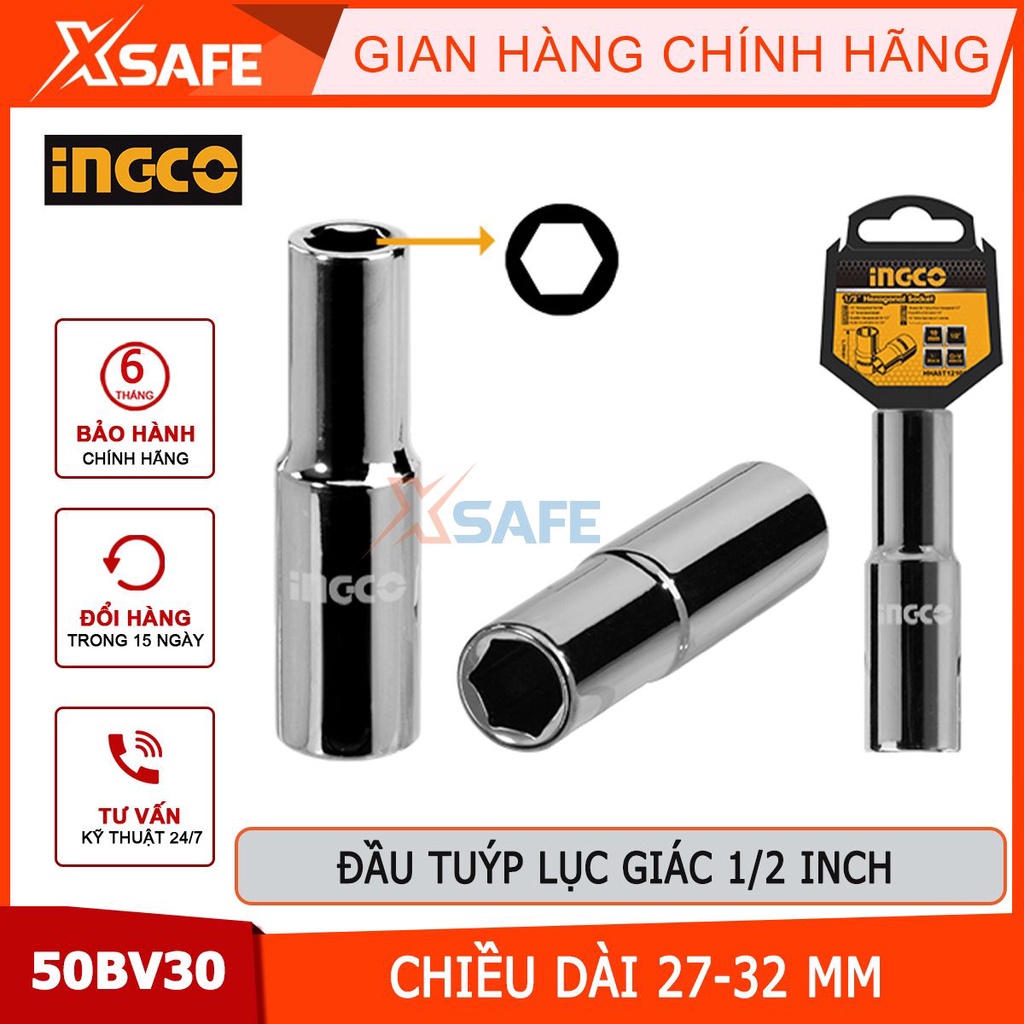 Đầu tuýp lục giác 1/2 inch đủ kích cỡ INGCO đầu khẩu lục giác thép Cr-V siêu cứng chống rỉ sét mở bulong ốc, đầu tiếp