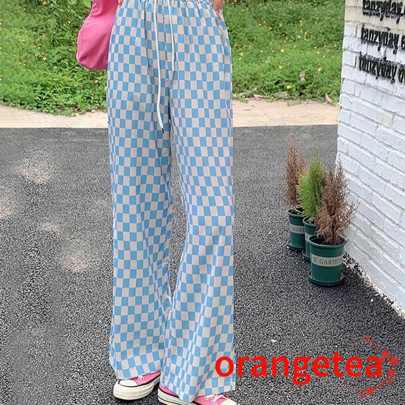 Quần dài nữ ống rộng họa tiết caro thời trang cá tính