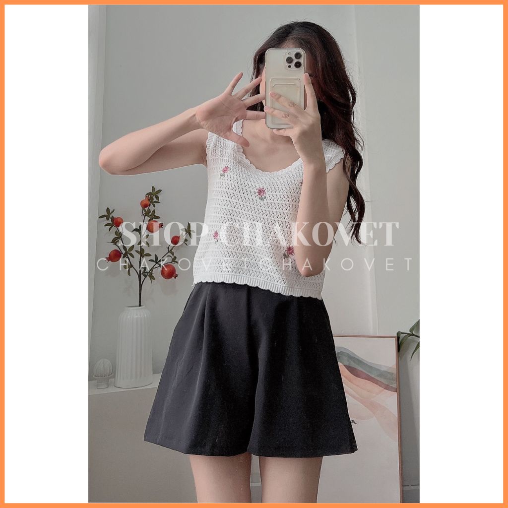 Áo len ba lỗ dáng Croptop tiểu thư A8402 Áo 2 dây bản to dệt kim thêu họa tiết hoa xinh xắn thời trang Hàn Quốc cực HOT