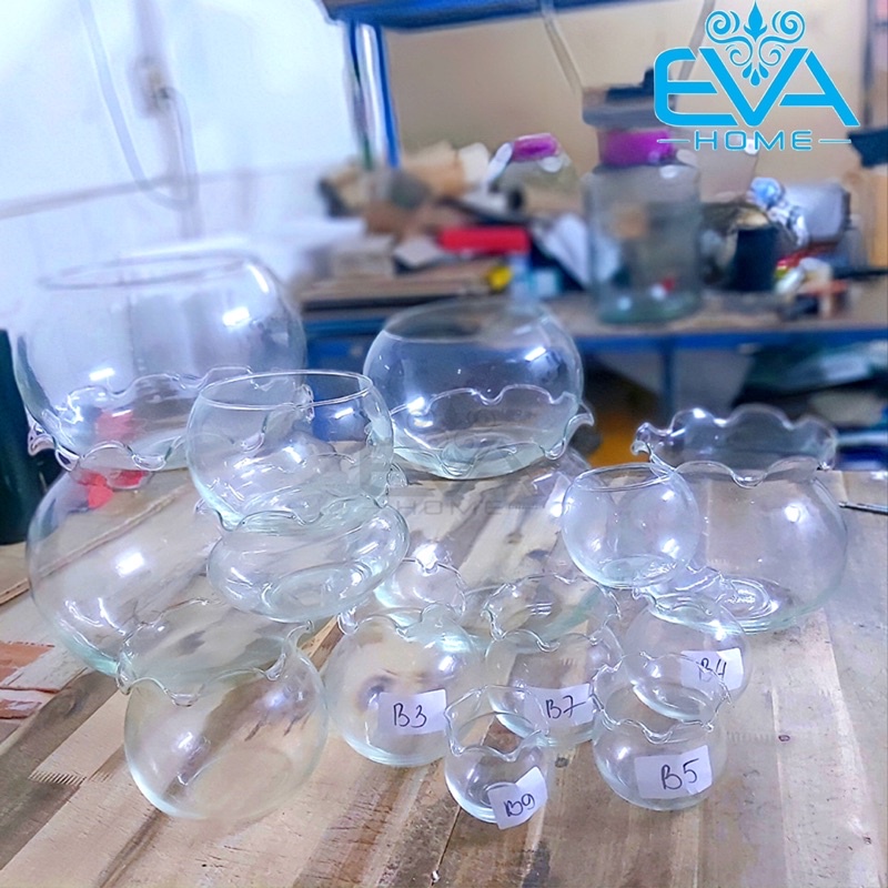 Chậu Thuỷ Tinh Dùng Làm Hồ Cá Bể Cá Để Bàn Dáng Tròn Bầu T02  Round Glass Aquarium Size 24 x 16 Cm