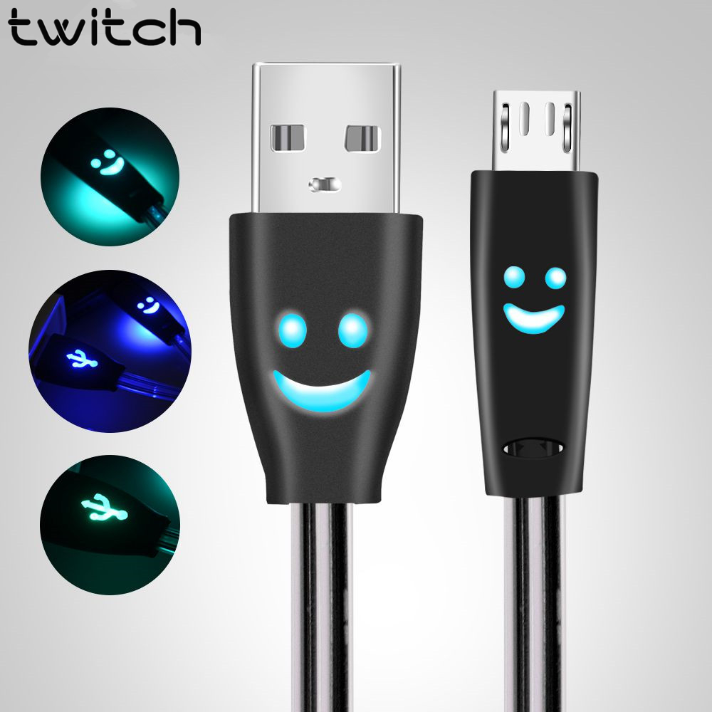 Dây Cáp Sạc Truyền Dữ Liệu Nhanh Twitch 1m Micro USB Dành Cho iPhone Android Thiết Kế Đèn LED Mặt Cười Phát Sáng