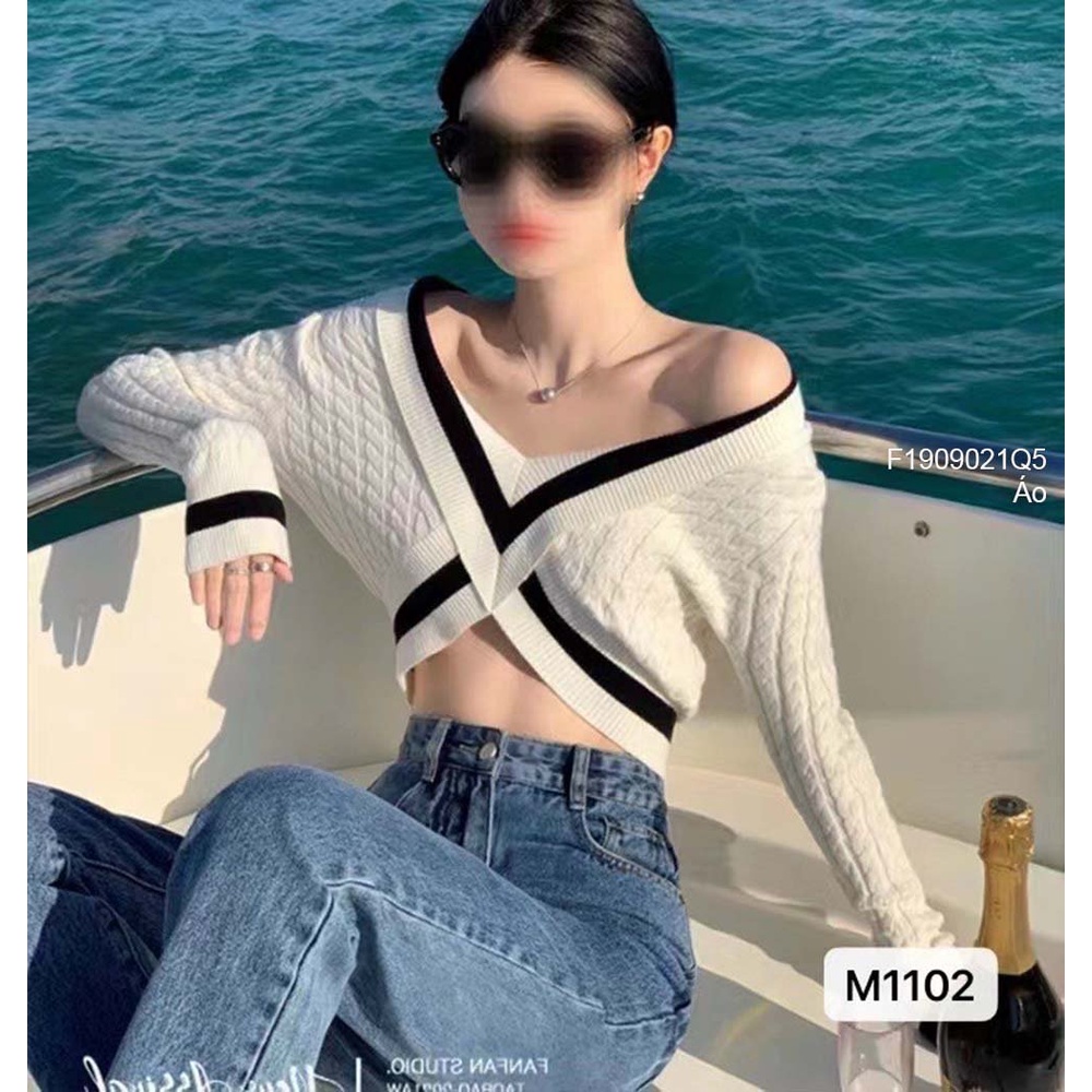 Áo len dáng croptop kiểu phối viền chéo tay dài hàng QC!