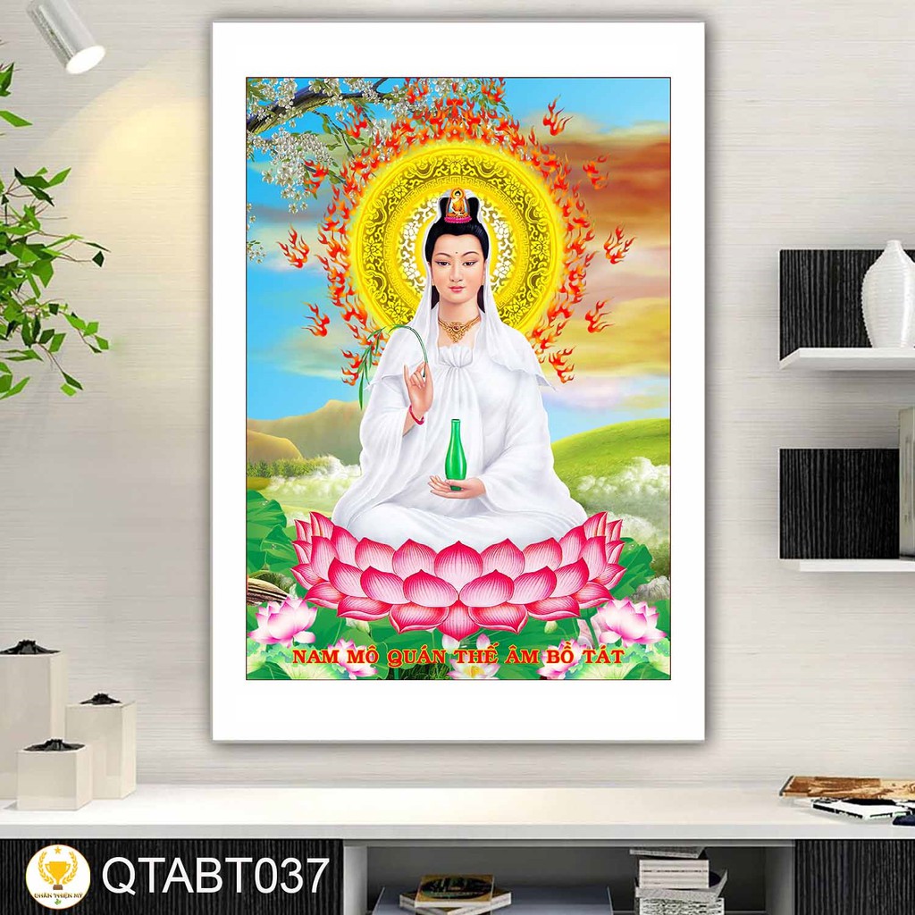 Tranh Quan Âm Bồ Tát có khung 40x60cm tặng đinh treo tranh