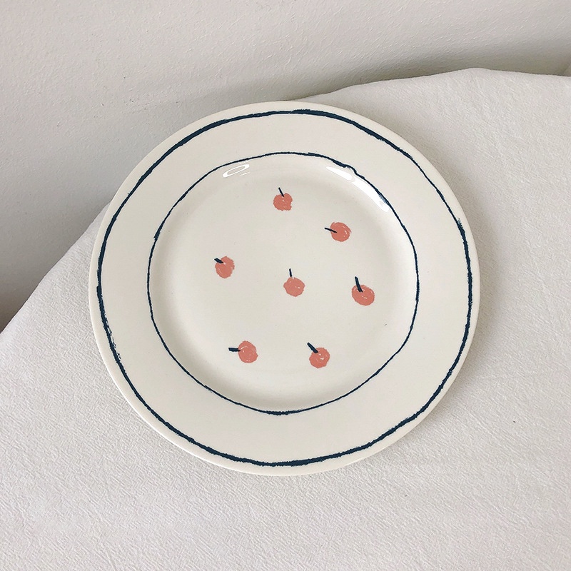 Đĩa sứ viền xanh cherry hồng cao cấp xinh xắn