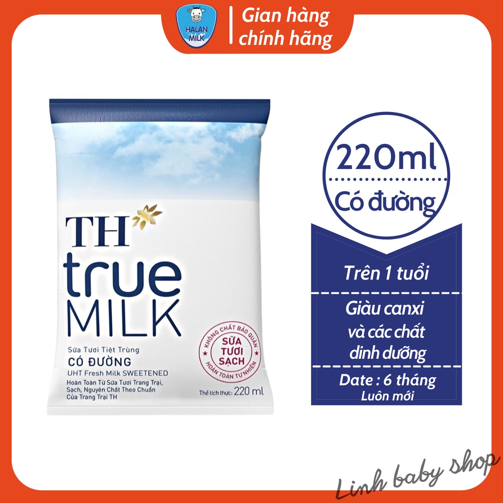 Sữa tươi TH True Milk Túi 220ml nguyên chất, có đường, ít đường chính hãng