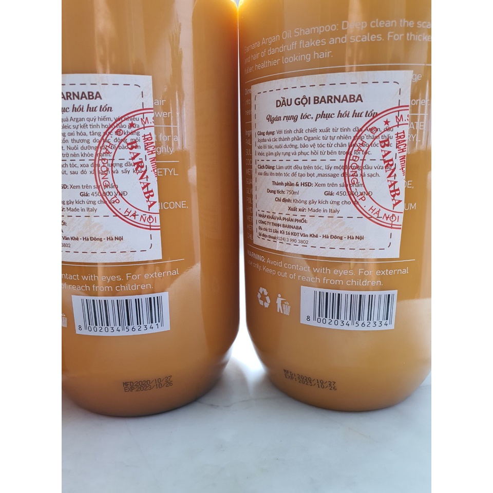 Cặp dầu gội xả ngăn rụng tóc phục hổi hư tổn BARNABA Argan Oil 800ml