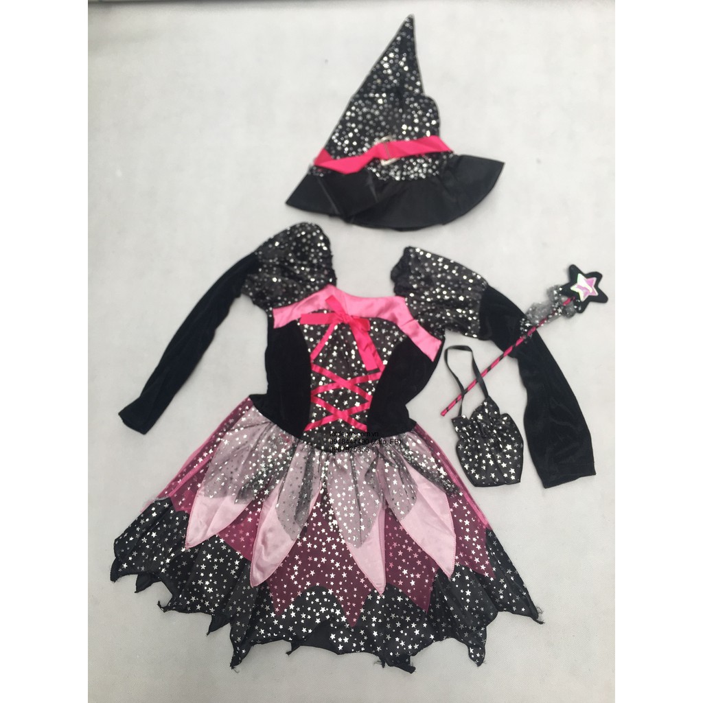 Hóa trang halloween váy đầm phù thủy kèm đủ phụ kiện kiểu tay dài họa tiết ánh sao