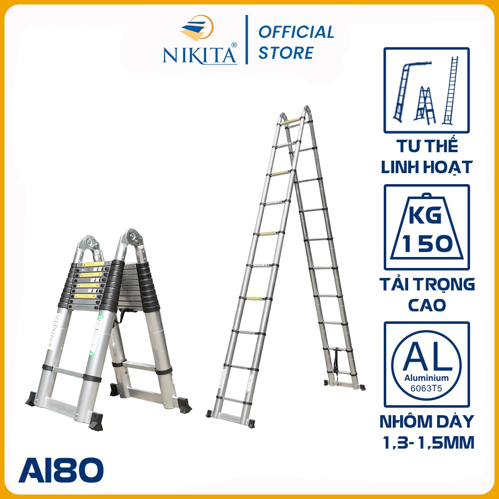 [Mã BMLT300 giảm 10% đơn 499K] Thang nhôm rút chữ A NIKITA AI80 ( 4m x 4m )