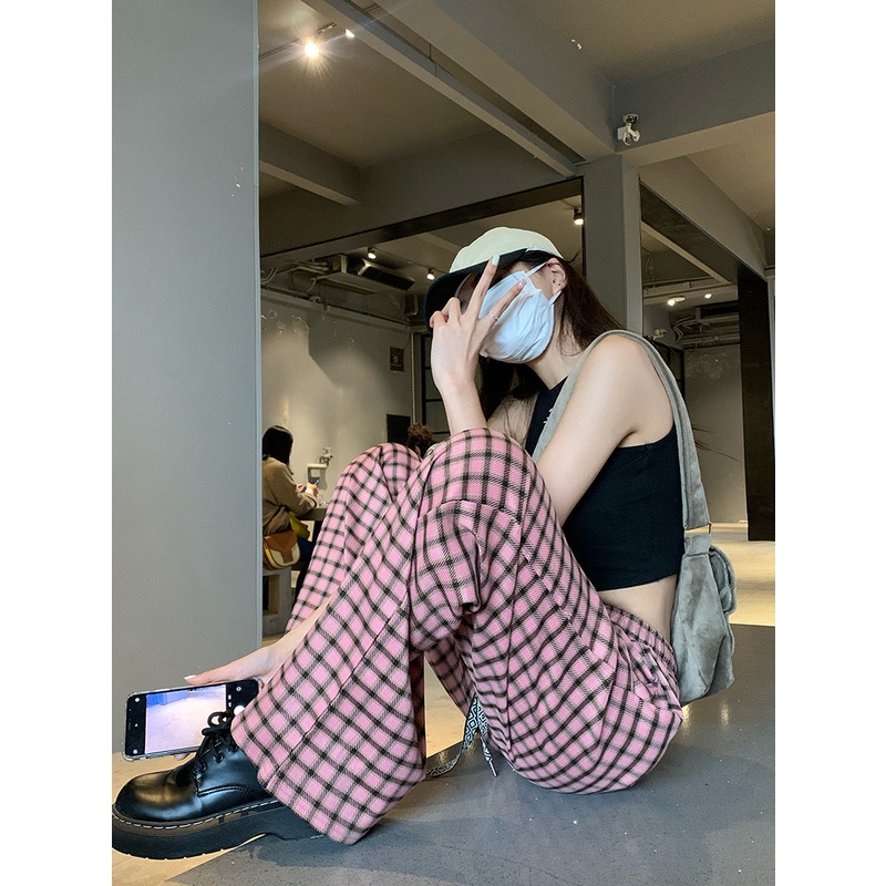 Quần Dài Lưng Cao Ống Rộng Họa Tiết Sọc Caro Phong Cách retro Hàn Quốc Thời Trang Cho Nữ