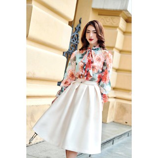 Sơ mi lụa hoa cổ bèo thắt nơ -HBSM868