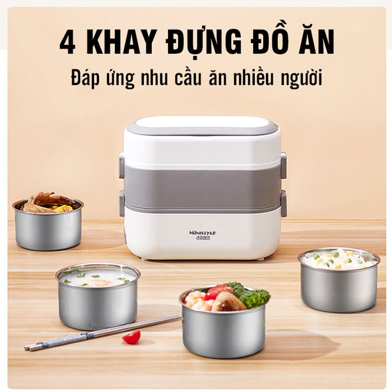 Hộp cơm cắm điện văn phòng 2 tầng 4 bát inox giữ nhiệt, hâm nóng và tự nấu chín nhỏ gọn,tiện lợi,dễ mang theo