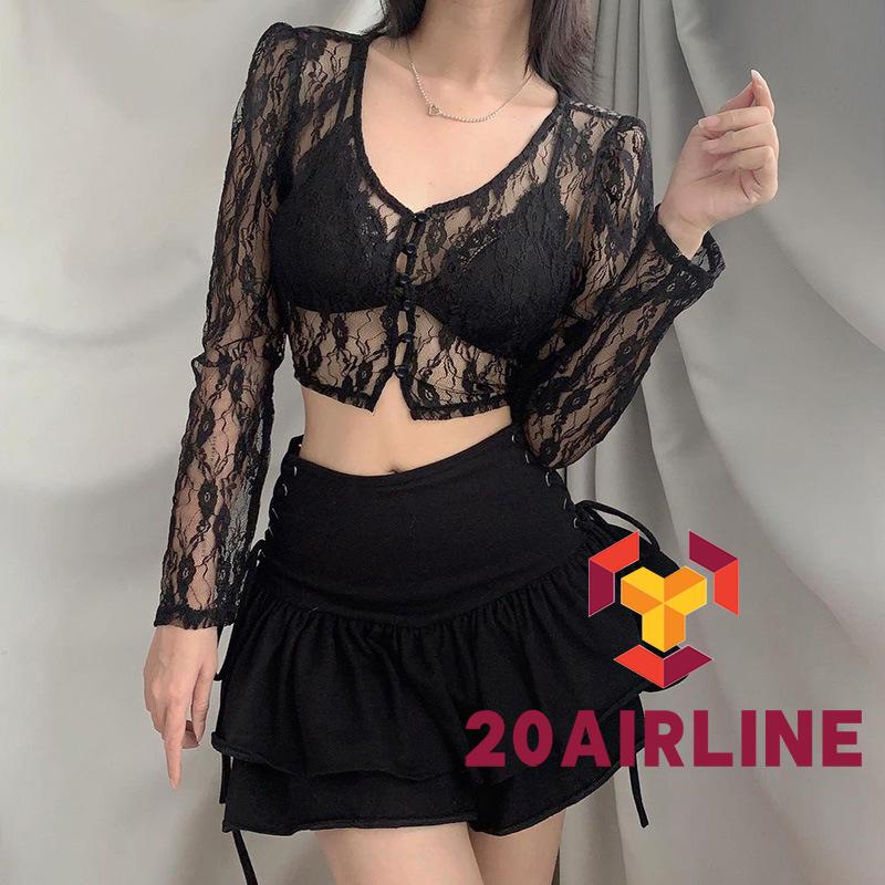 Áo Thun Lửng Tay Dài Cổ Chữ V Phối Ren Phong Cách Vintage Gợi Cảm Dành Cho Nữ